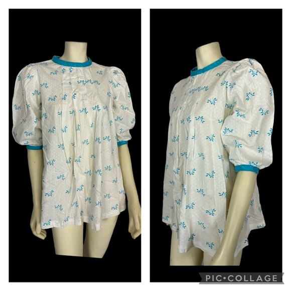 American Vintage Handmade top , white with blue flowers size small - Picture 1 of 12